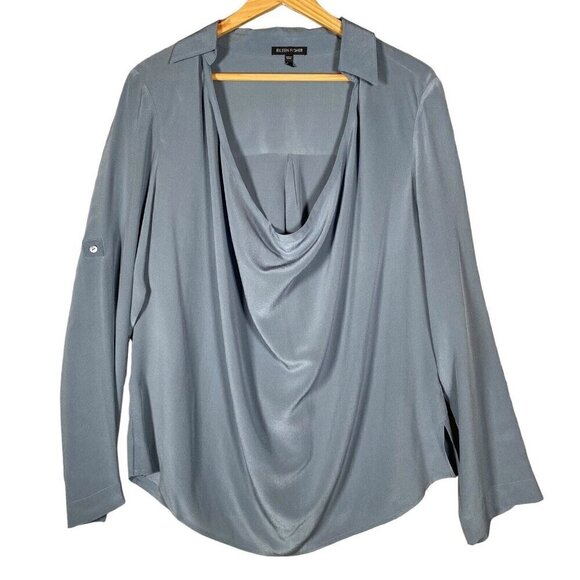 Eileen Fisher Blouse Women Small 100% Silk Crepe de Chine Drape Front Boxy Shirt - Picture 3 of 15